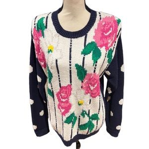 Vintage 80s Christina Navy striped Pink Floral Pullover Sweater Size Large